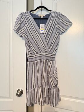 Striped V-Neck Ruffle Wrap Dress in Light Blue and White